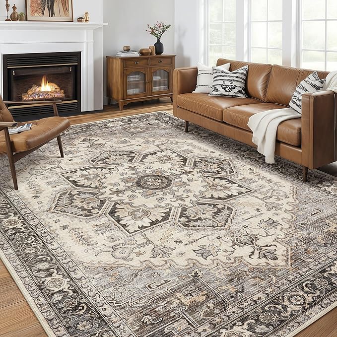 Area Rug 9x12 for Bedroom Living Room, Medallion Printed Ultra-Thin Soft Large Carpet