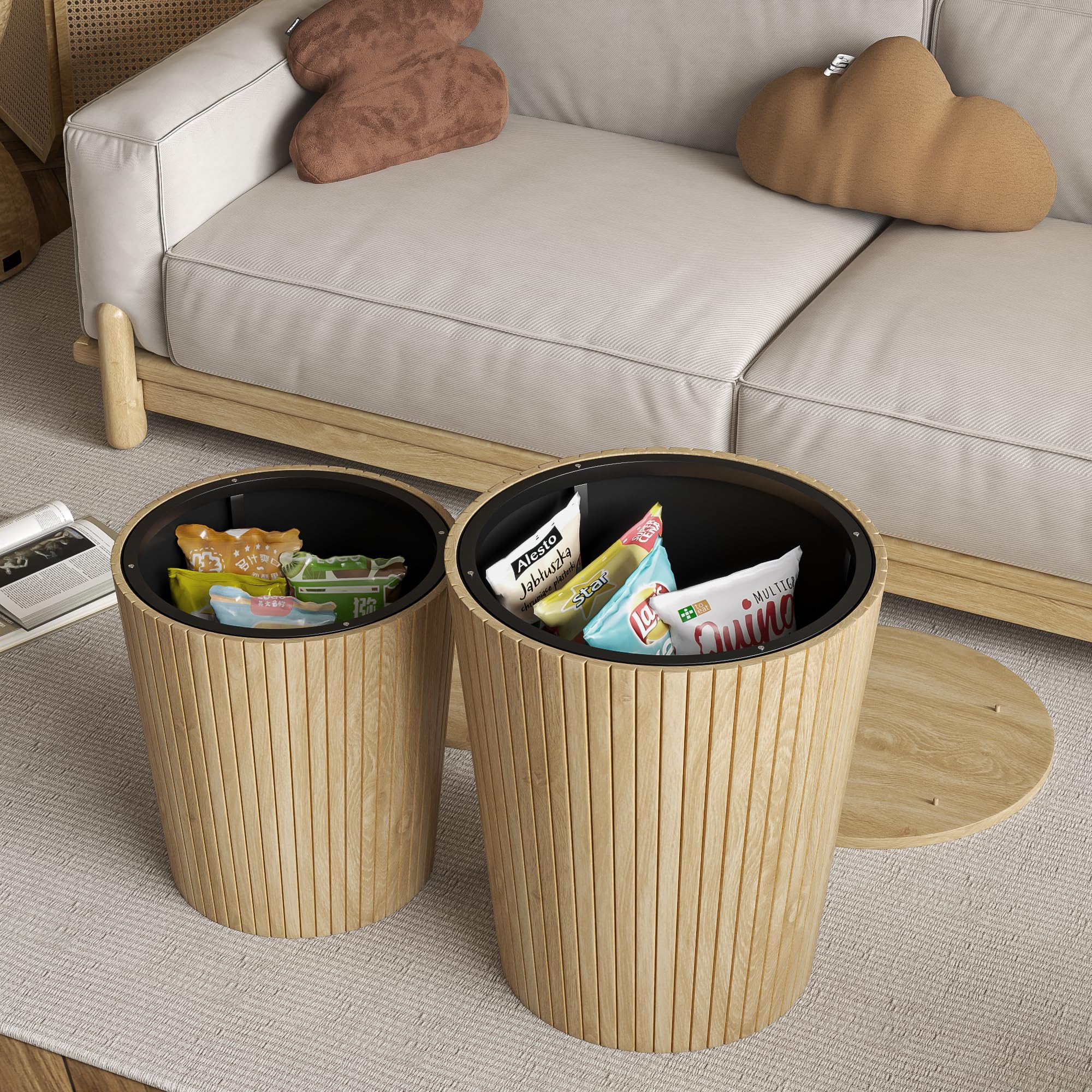 Nesting Coffee Table Set of 2, Round End Table with Storage, Farmhouse Side Table