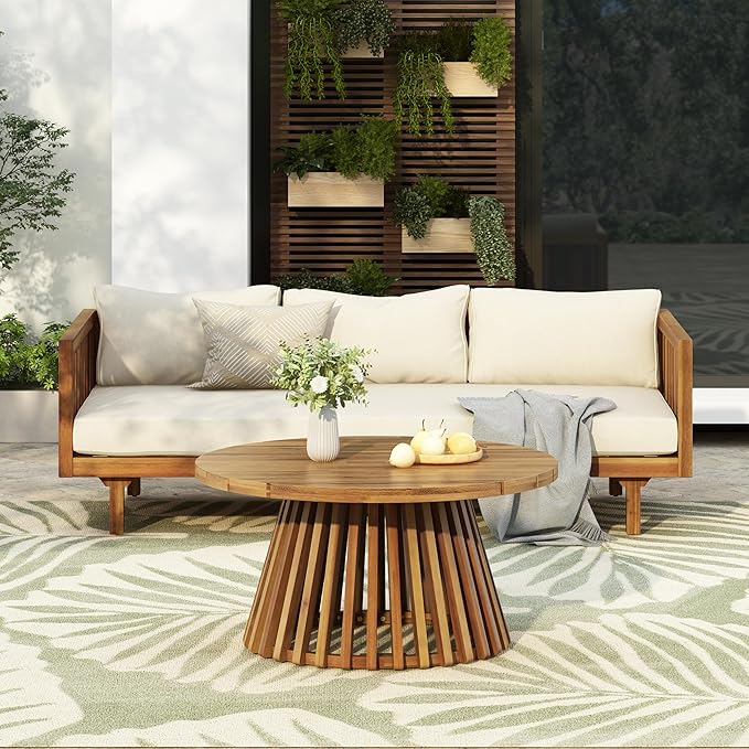 Outdoor Acacia Wood Conversation Set, 3-Seat Loveseat Sofa w/Coushion and Coffetable