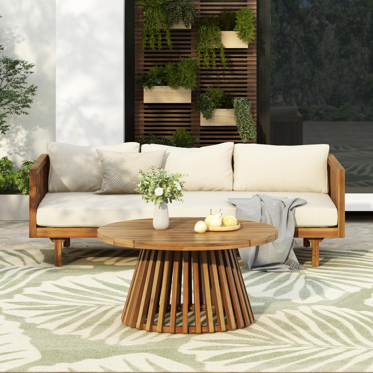 Outdoor Acacia Wood Conversation Set, 3-Seat Loveseat Sofa w/Coushion and Coffetable