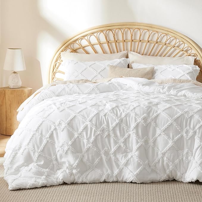 Boho Comforter Set Queen - White Tufted Bedding Comforter Set