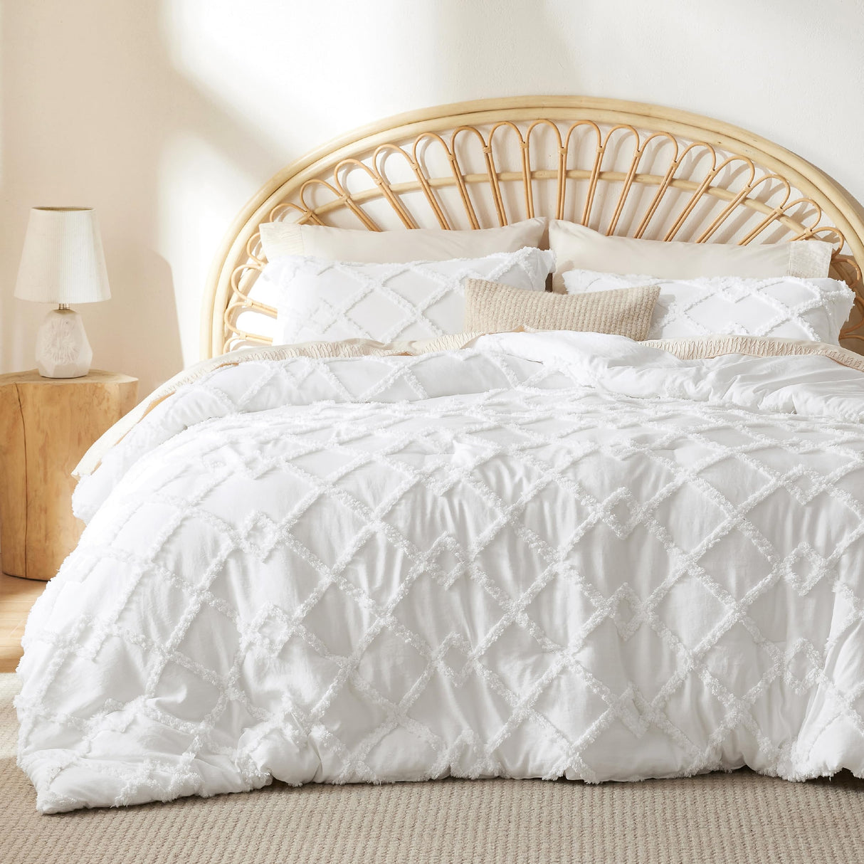 Boho Comforter Set Queen - White Tufted Bedding Comforter Set