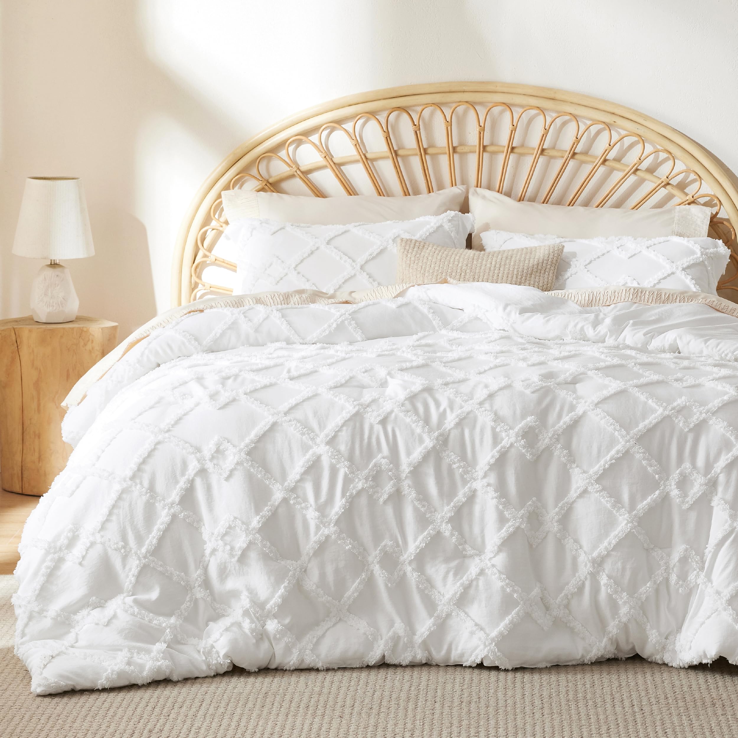 Boho Comforter Set Queen - White Tufted Bedding Comforter Set