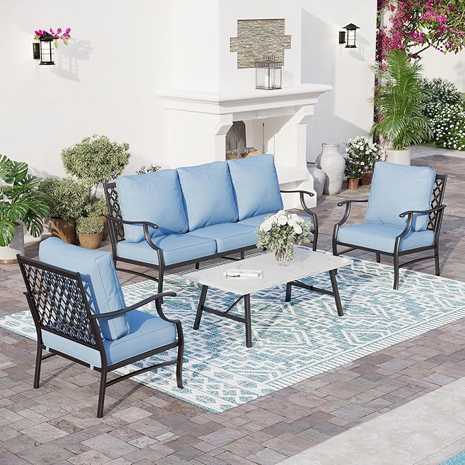 5 Piece Metal Outdoor Patio Furniture Set, Patio Conversation Sets 1 3-Seater Sofa
