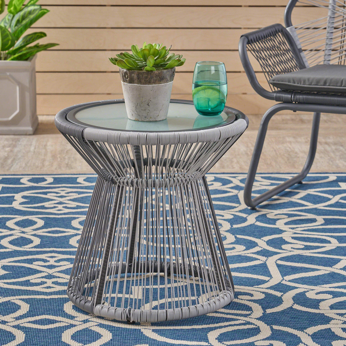 Aiden Outdoor Wicker Side Table with Glass Top