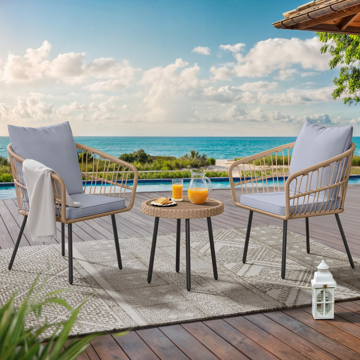 3 Pieces Outdoor Bistro Set, All-Weather Wicker Patio Furniture Set