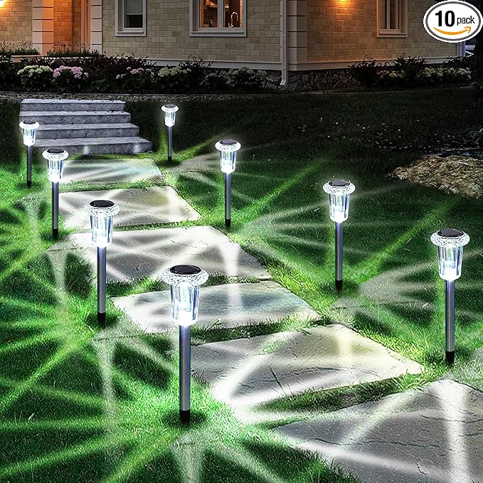 Solar Outdoor Lights, 10 Pack Waterproof Stainless Steel Solar Stake Lights for Pathway