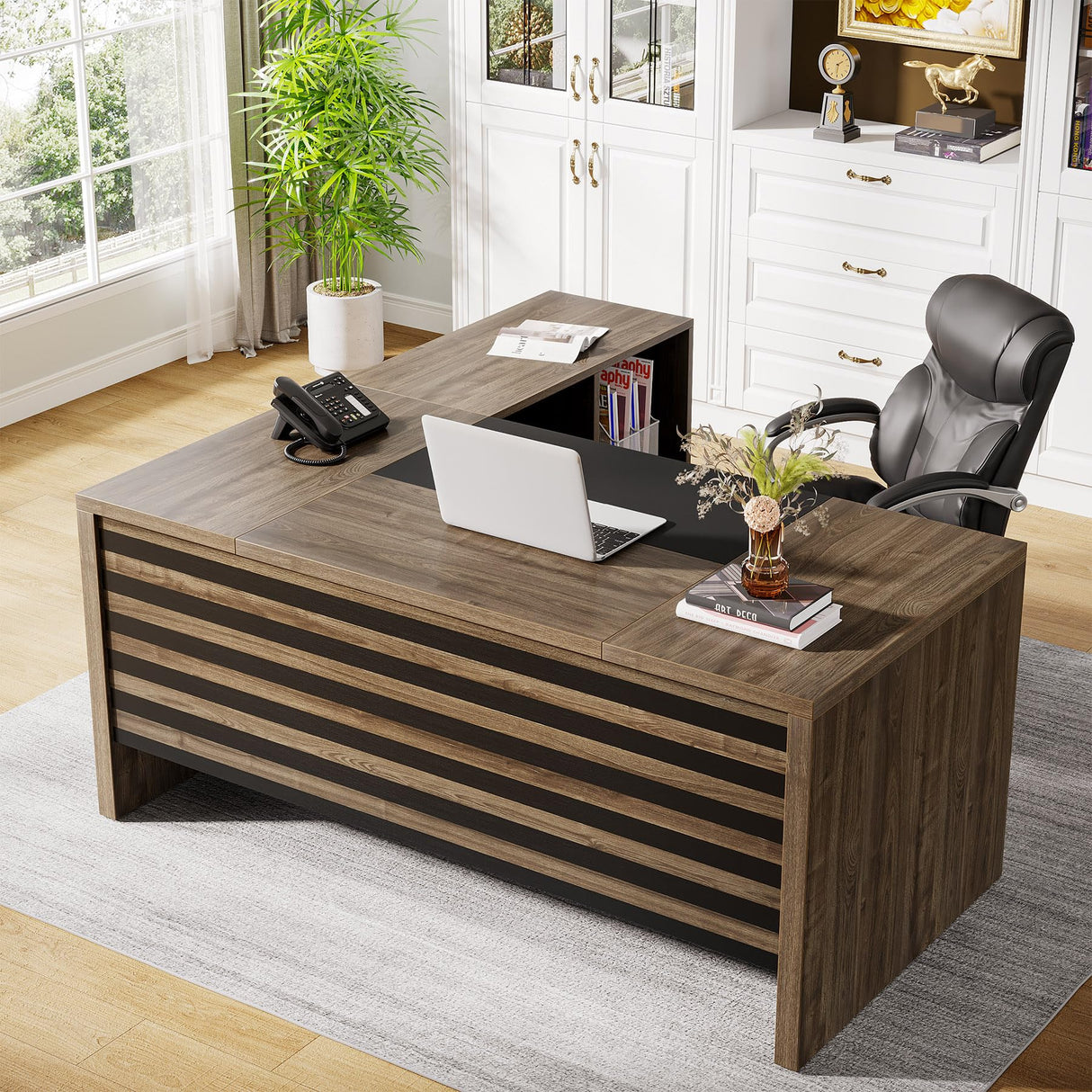 62.2" Executive Desk with Mobile File Cabinet, L-Shaped Office Desk