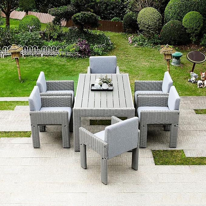 Wicker Outdoor Dining Set for 6, Upholstered 7 Piece Patio Dining Set with Armrests