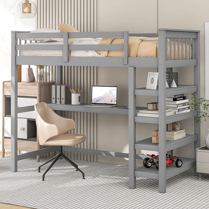 with Desk : Twin Size Loft Bed with 4-Storage Shelves and Under-Bed Desk Solid Wood