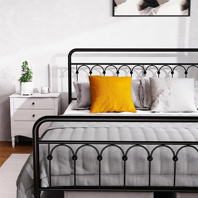 Vintage Queen Metal Bed Frame with Headboard and Footboard Platform