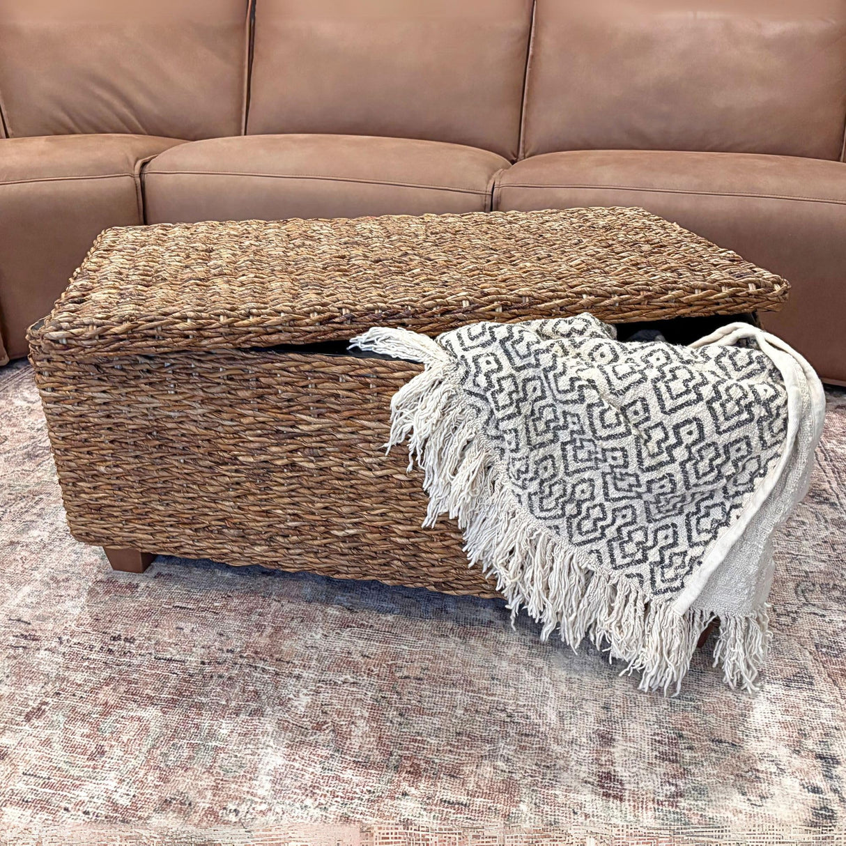 Woven Rattan Storage Coastal Coffee Table - Handwoven Natural Brown Rattan