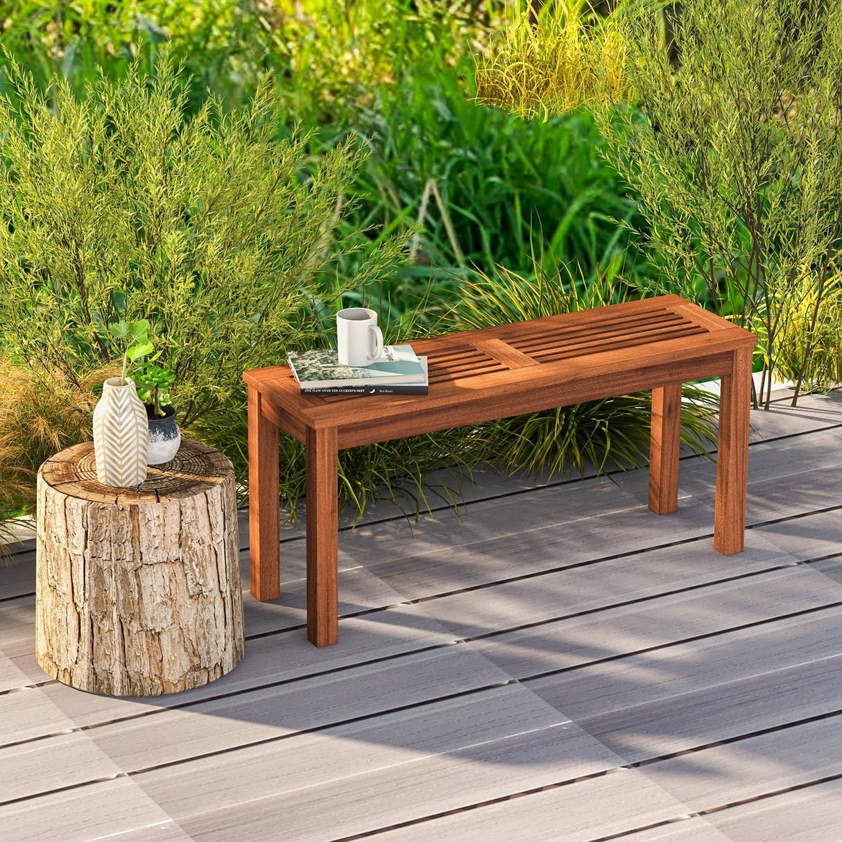 Patio Wood Bench, 2-Person Solid Wood Bench