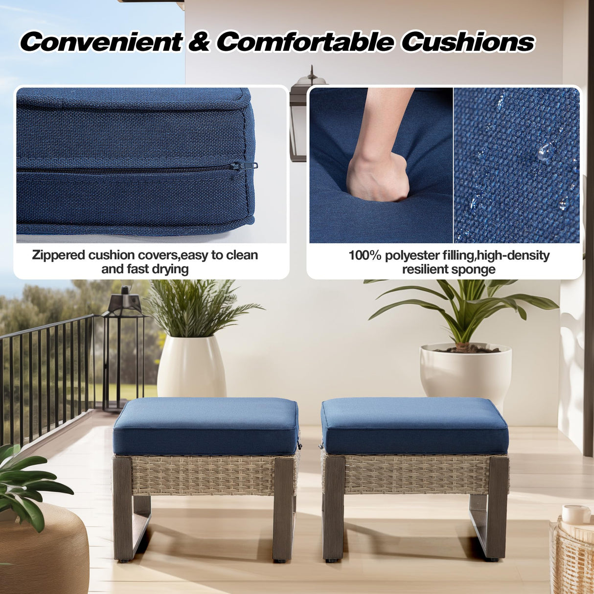 Outdoor Patio, All-Weather PE Rattan Ottomans Footstools with Removable Cushions