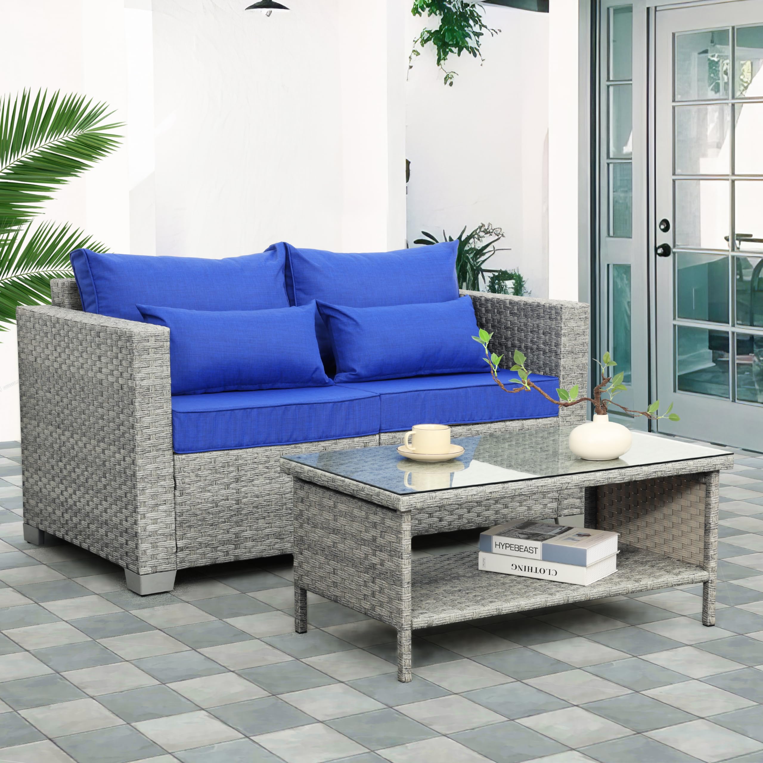 Patio Loveseat Outdoor Wicker Small Couch PE Rattan 2-Seater Furniture Sofa