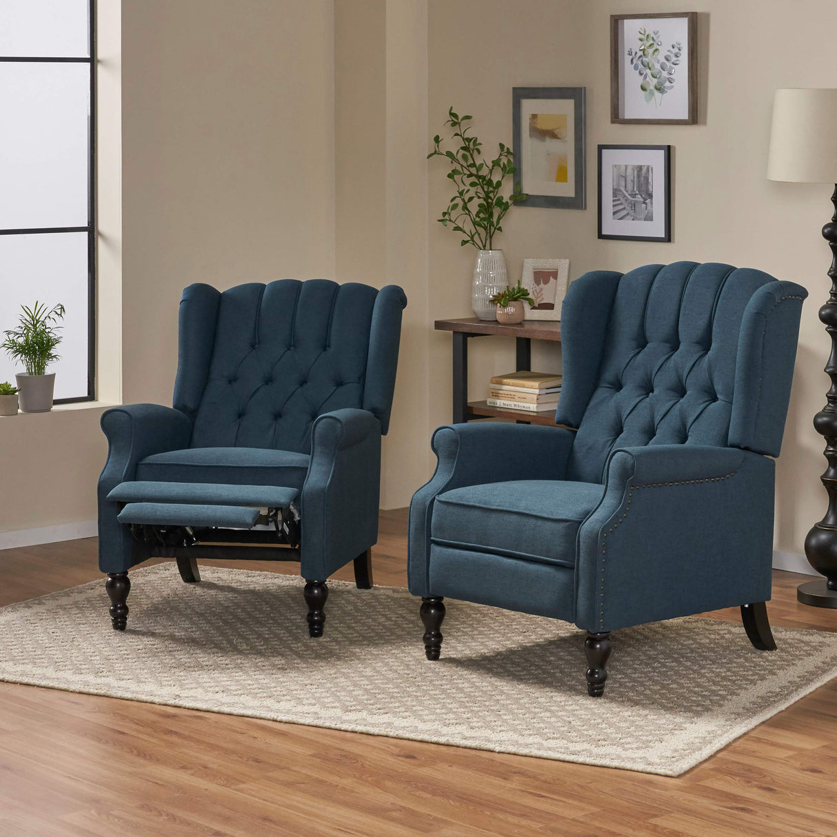 Earlean Fabric Recliner (Set of 2), Navy Blue, Dark Brown
