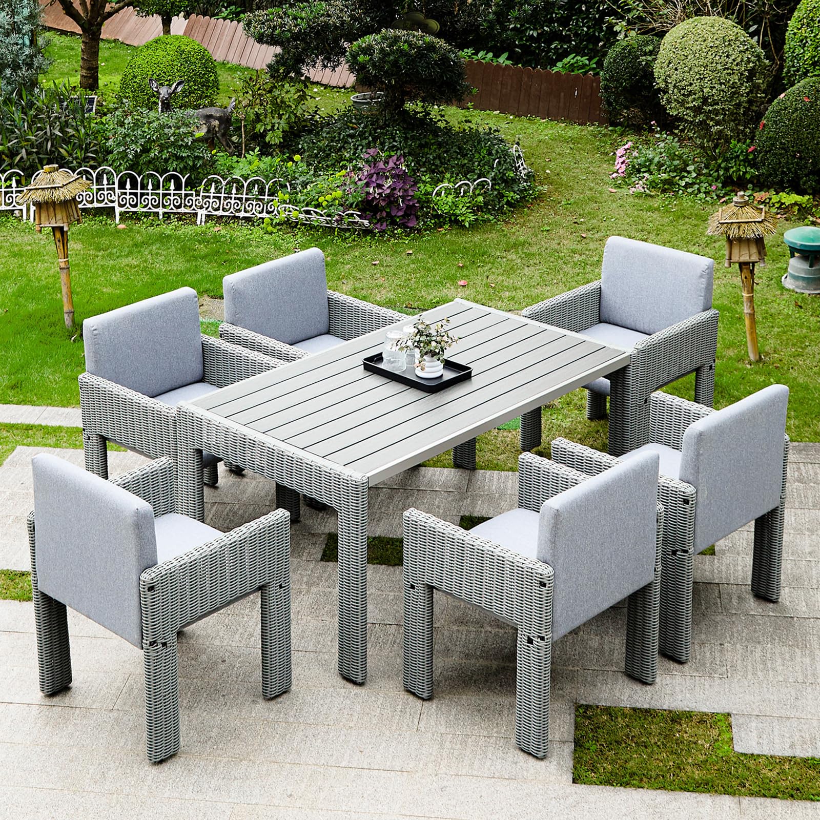 DAYAOUTDOOR 7 Piece Patio Dining Set, Outdoor Dining Furniture Set with Large Table, PE Wicker Patio Dining Set of 6, Outdoor Table and Chairs for Garden, Yard, Backyard, Poolside, Grey
