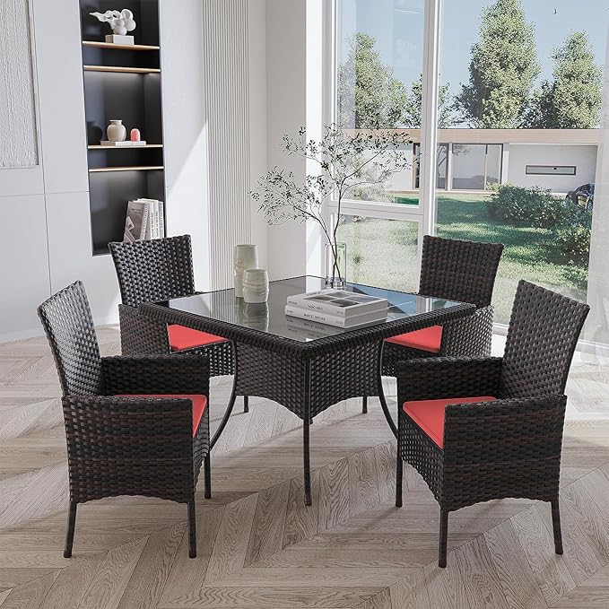 10-Piece Indoor/Outdoor Dining Table Set, Garden Patio Rattan Set with w/Tempered Glass Tabletop