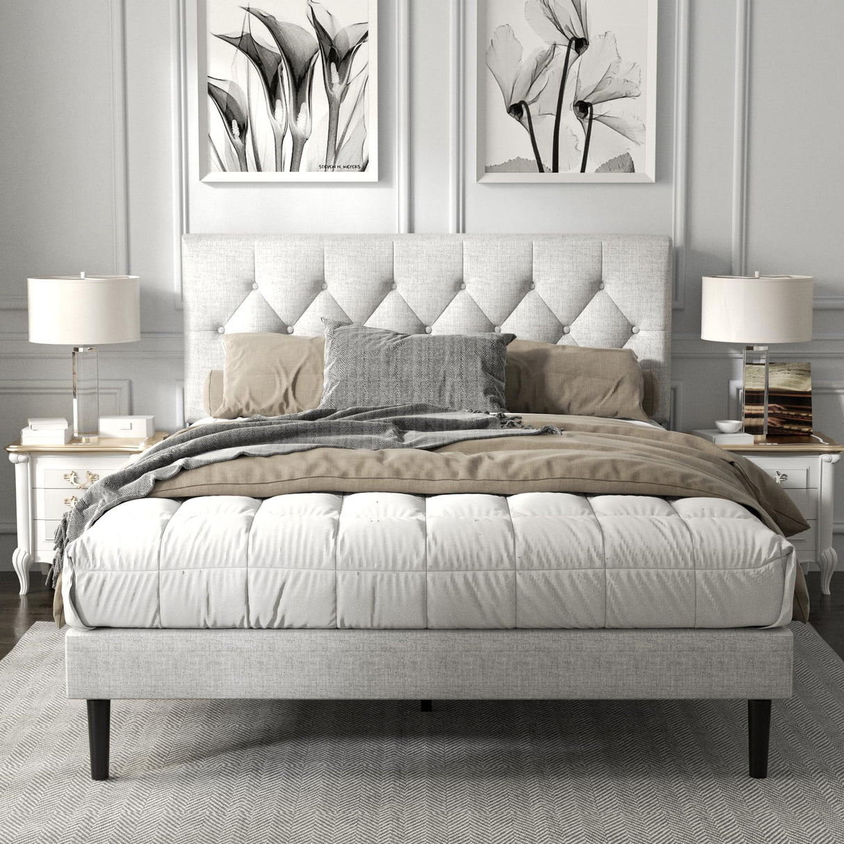 Queen Size Platform Bed Frame with Upholstered Button Tufted Headboard
