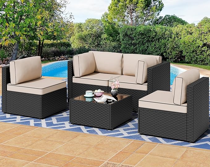 7 Pieces Outdoor Patio Sectional Sofa Couch, Black Wicker Furniture Conversation Sets
