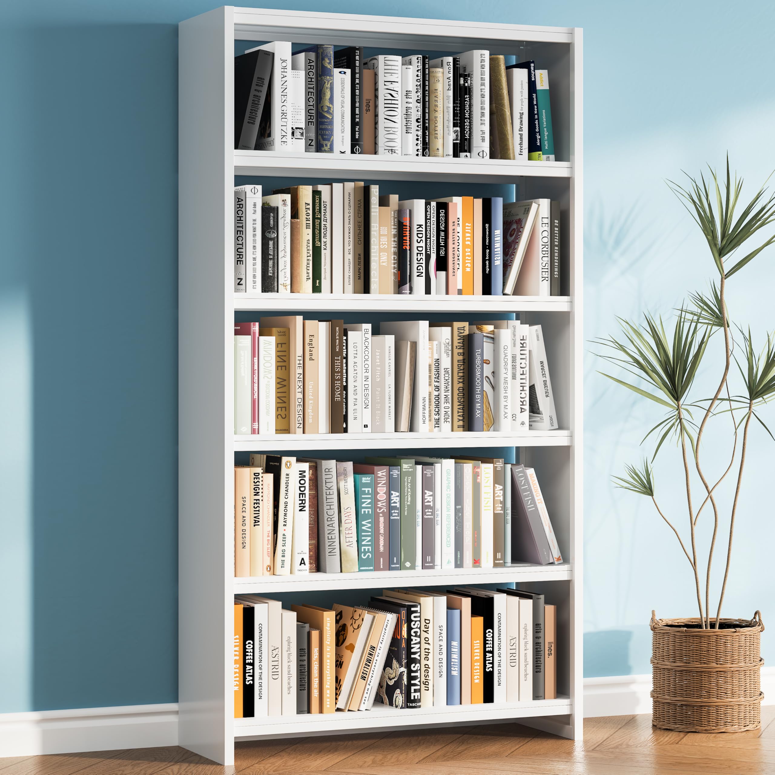 White Bookshelf, 5 Tier Tall Bookcase with Bookend, Large Metal Book Shelf Display Storage