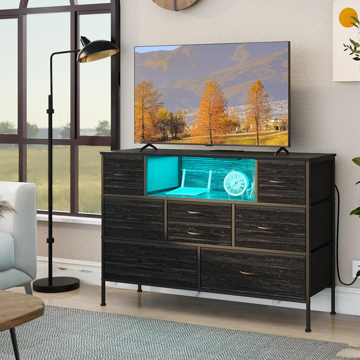 Wide Dresser with Charging Station and LED Light for Bedroom 8 Fabric Drawers Chest