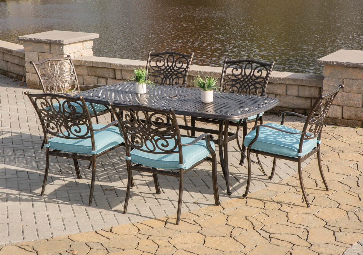 Traditions Seven Piece Aluminum Framed Polyester Outdoor Dining Set - Blue