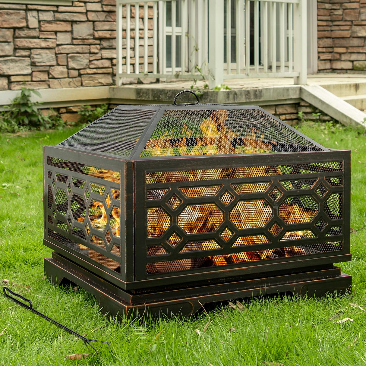 Outdoor Fire Pit, 26 Inch Wood Burning Firepit for Outside with Mesh Cover & Fire Poker