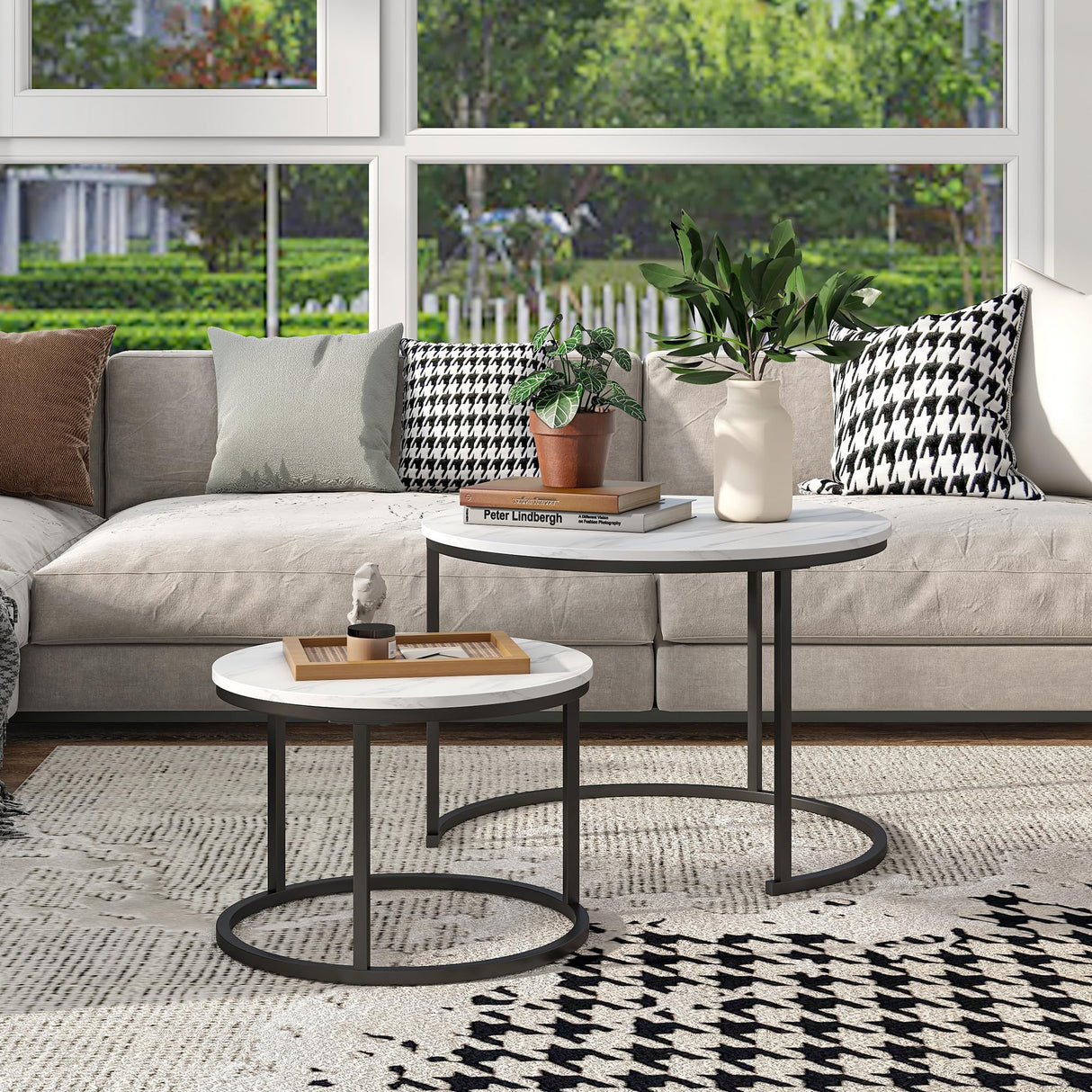 Industrial Round Coffee Table Set of 2 End Table for Living Room