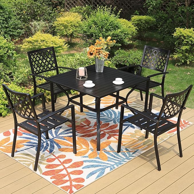 5 Piece Metal Patio Dining Set 37" Square Patio Bistro Table and Garden Backyard Chairs - Umbrella Hole 1.57"