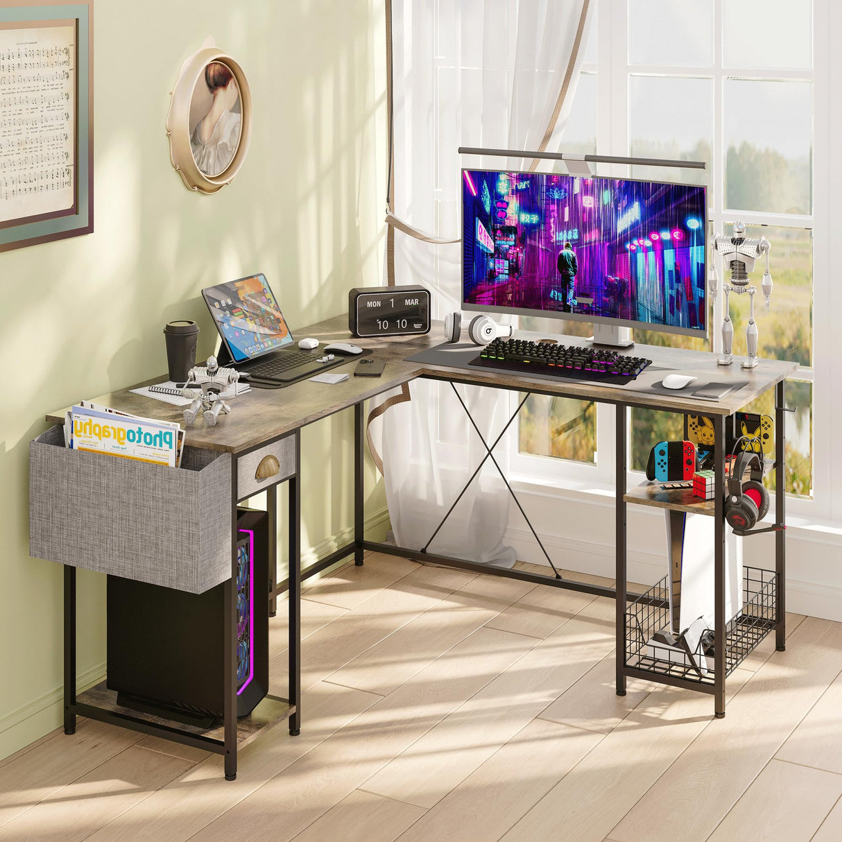 2 Person Desk Large L-Shaped Computer Desk with Storage Shelves Drawer