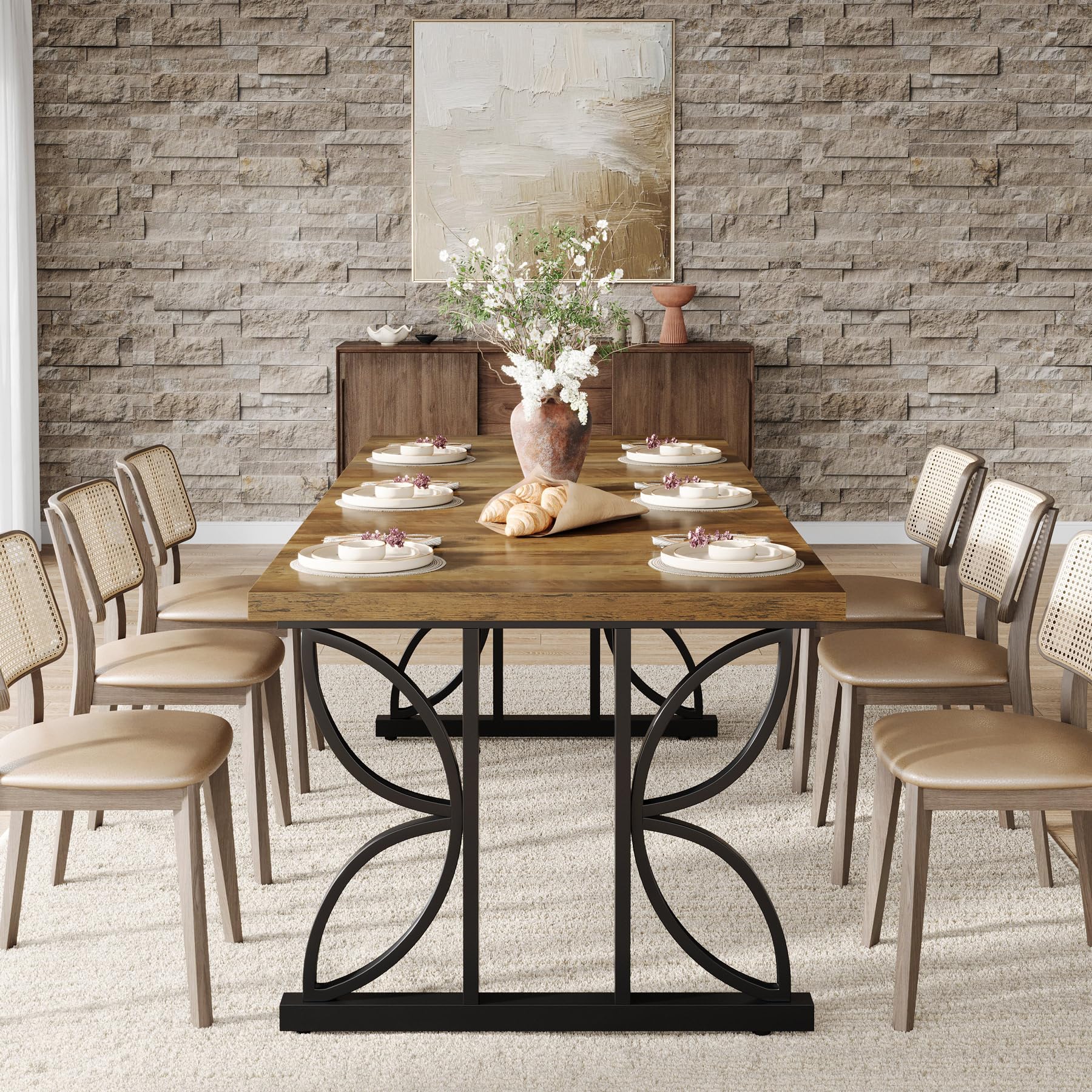 71" Dining Table for 6, Farmhouse Kitchen Dinner Table with Metal Frame, Rectangular Eating Desk, Dining Room