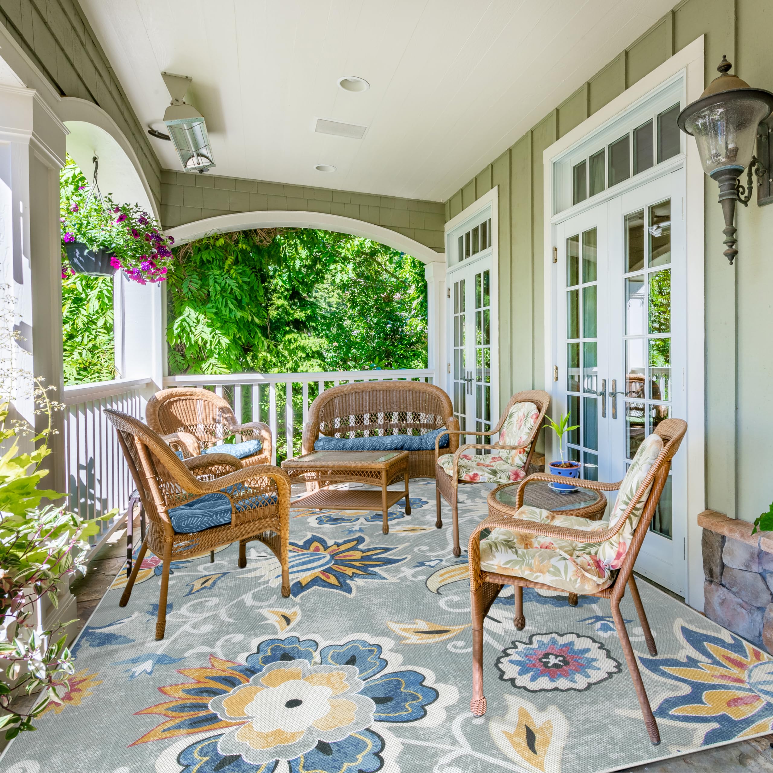 Floral Indoor Outdoor Rugs, 6x9ft Non Slip Outdoor Patio Rug for Balcony Deck, Soft