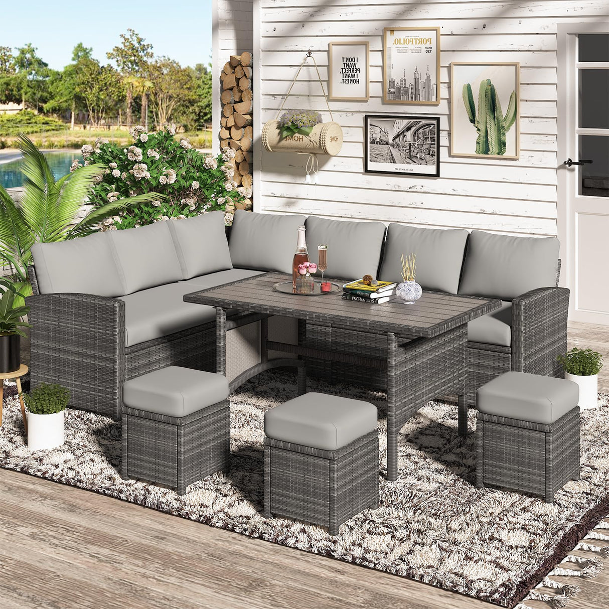 Patio Furniture Set with Cover, 7 PCS Outdoor Sectional Conversation Set