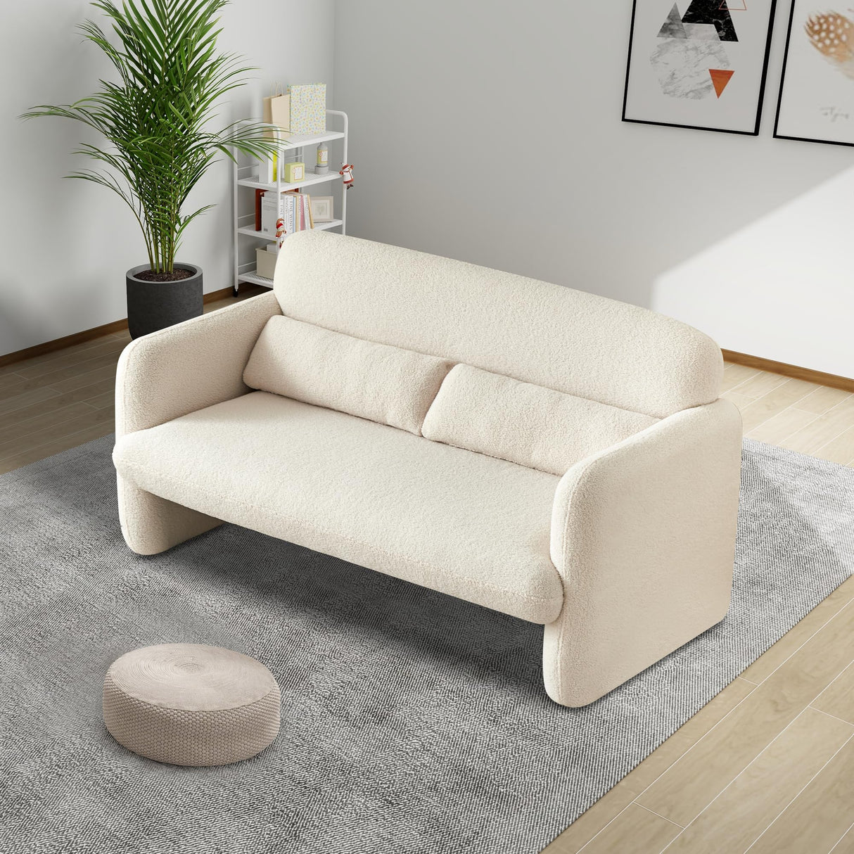 Loveseat Sofa, Sherpa Lamb Fabric Couch | Comfy, Modern Leisure Loveseat with 2 Waist Pillows