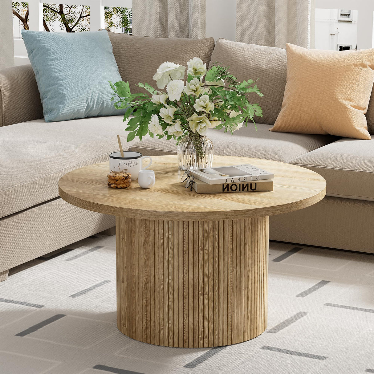 35.4”Round Coffee Table, Modern Coffee Table, Wood Table & Center Table for Living