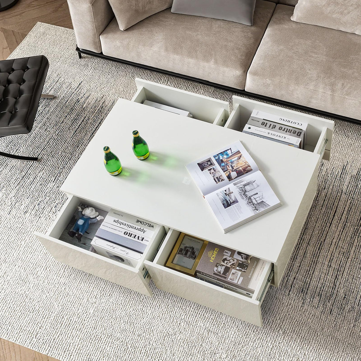 LED Coffee Table with 4 Drawers, High-Glossy Modern Coffee Table with LED Light