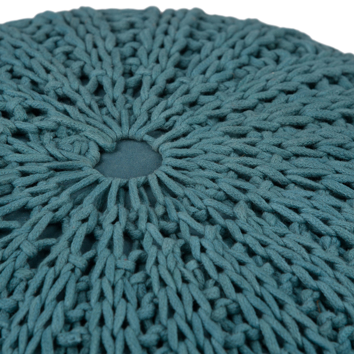 Shelby Round Hand Knit Pouf, Footstool, Upholstered in Teal Cotton, for the Living Room