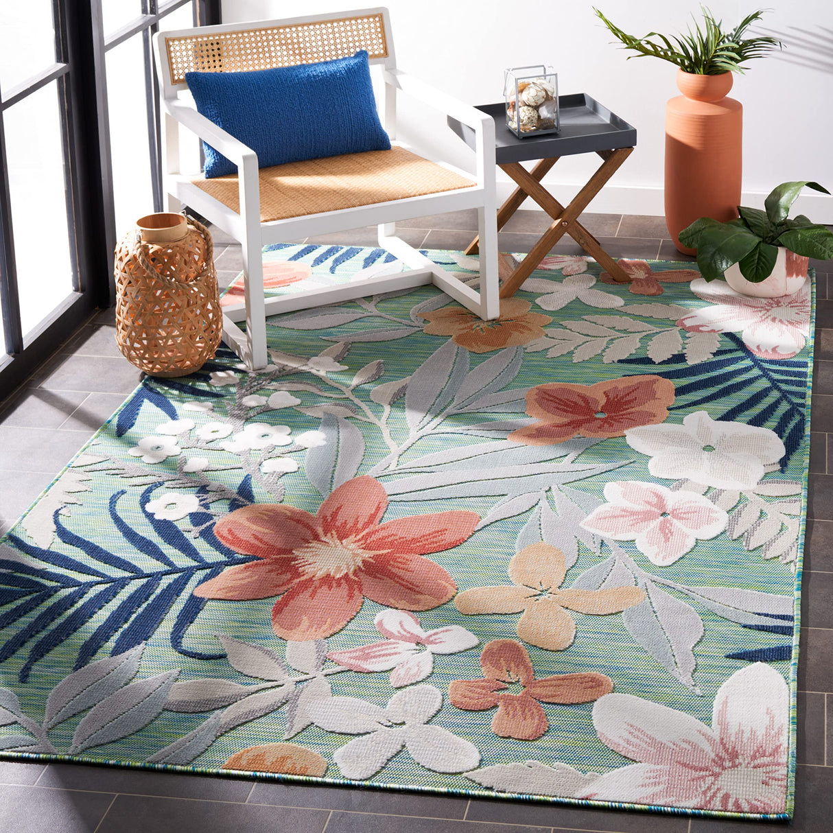 Cabana Collection Area Rug - 10' x 14', Green & Rust, Floral Tropical Design