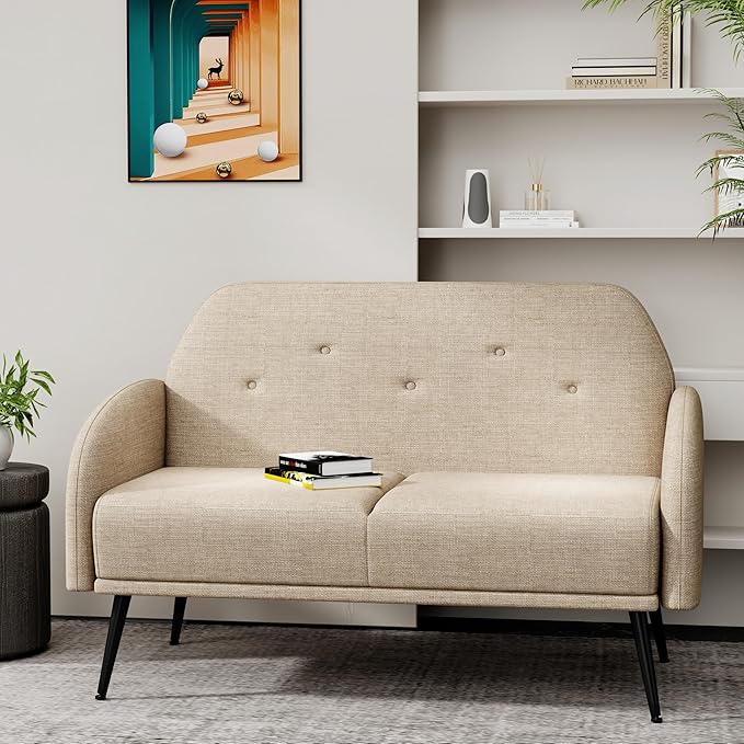 Loveseat Bench Couch, Upholstered Linen Love Seat Sofa 2-Seats