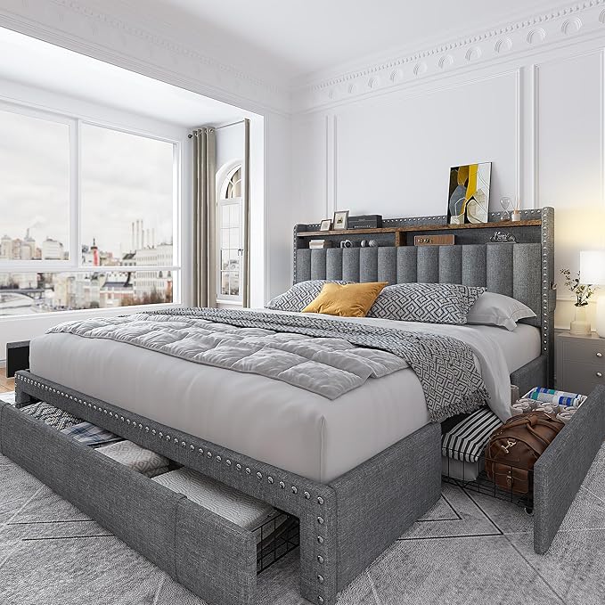 Queen Bed Frame with 3 Drawers,Upholstered Queen Size Bed Frame