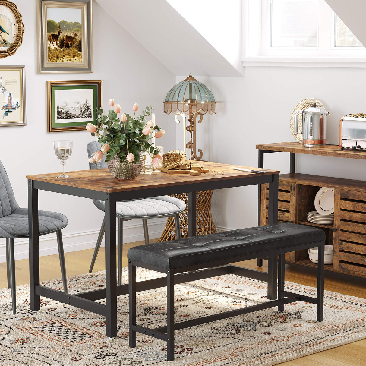 Dining Table Bench, Ottoman Bench with PU Leather Padded Seat