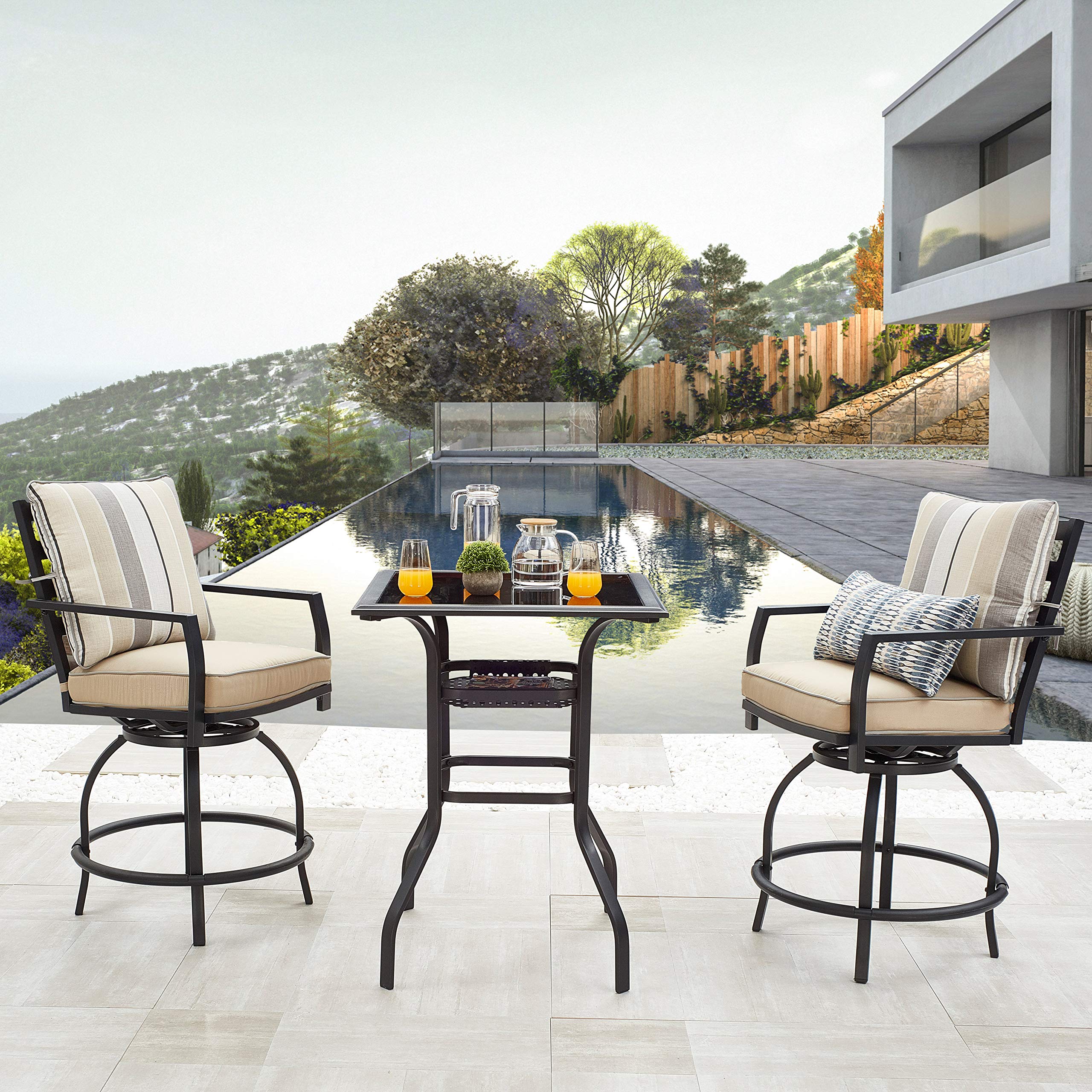 LOKATSE HOME Patio Bar Height 2 Outdoor Swivel Chairs and 1 High Glass Top Table, 3 Piece Bistro Set, Beige