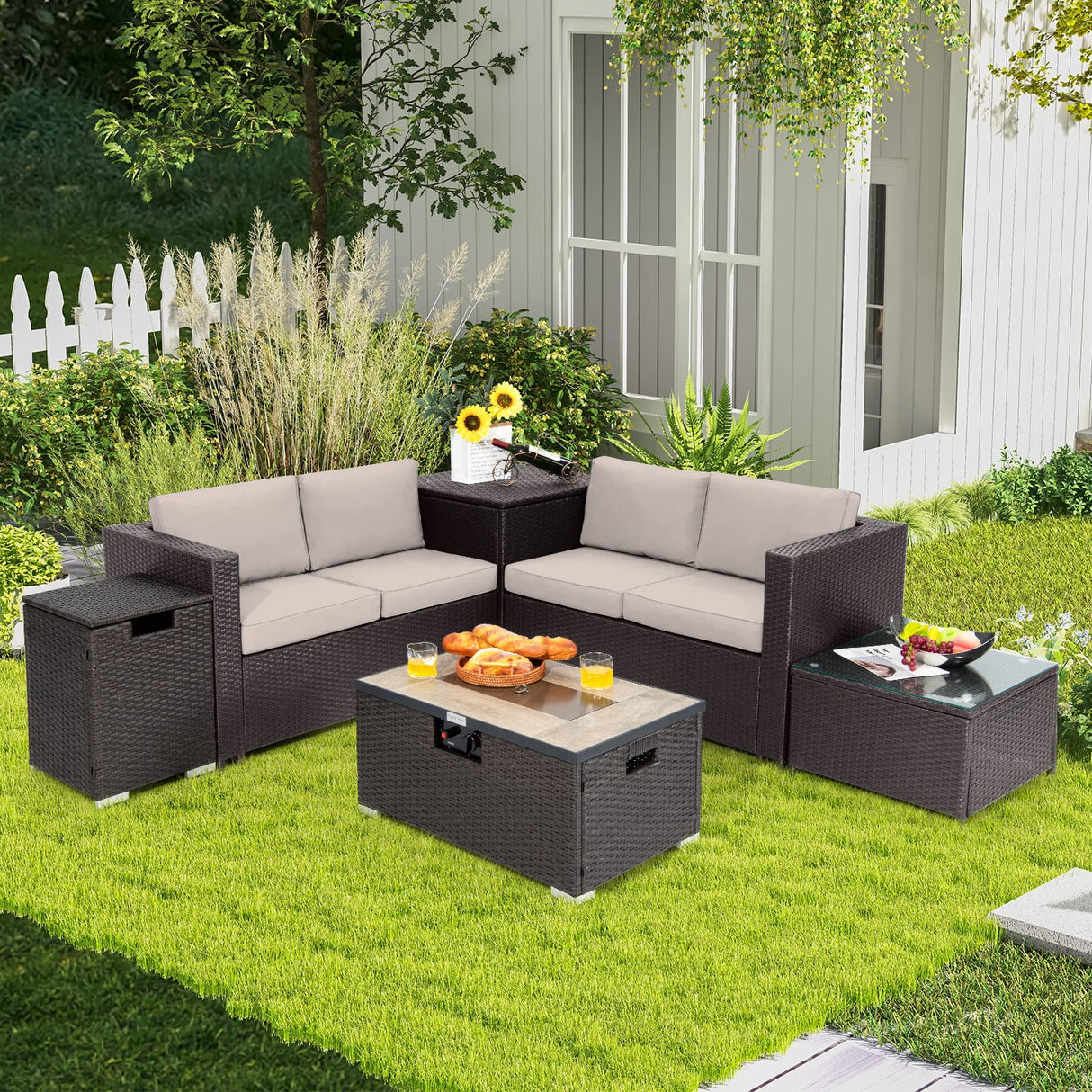 6 Pieces Patio Wicker Furniture Set with 32 Inches Propane Fire Pit Table and Tank Holder