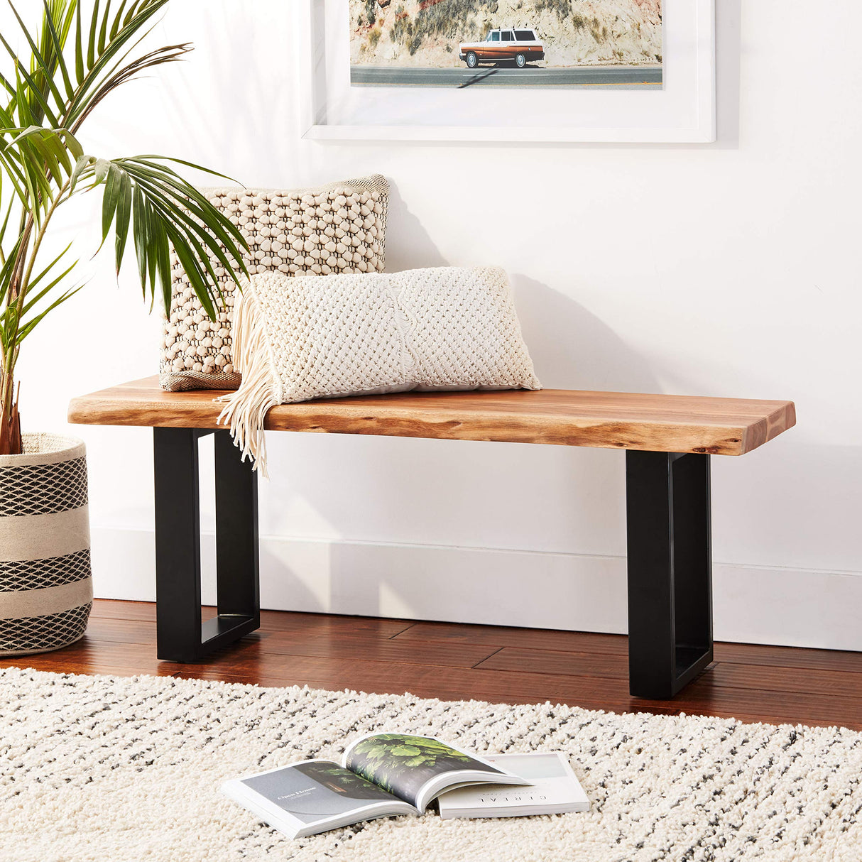 Natural Live Edge Acacia 48 in. Wood Bench with Metal Straps