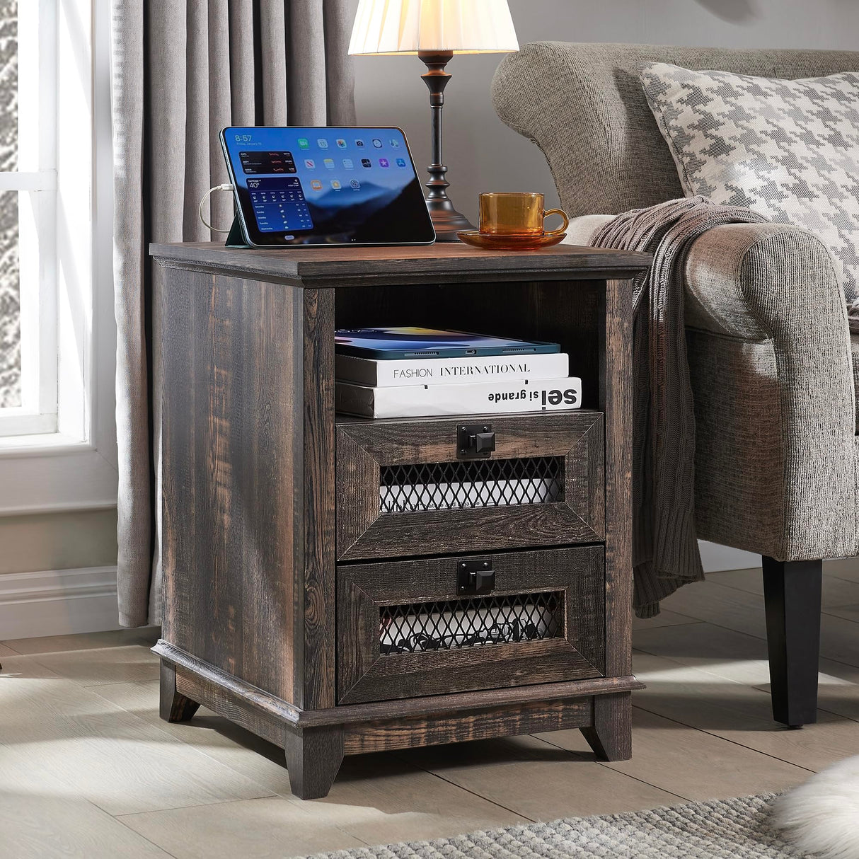 Farmhouse Nightstand with Charging Station, 18'' Wood End Table with 2 Drawers & Metal