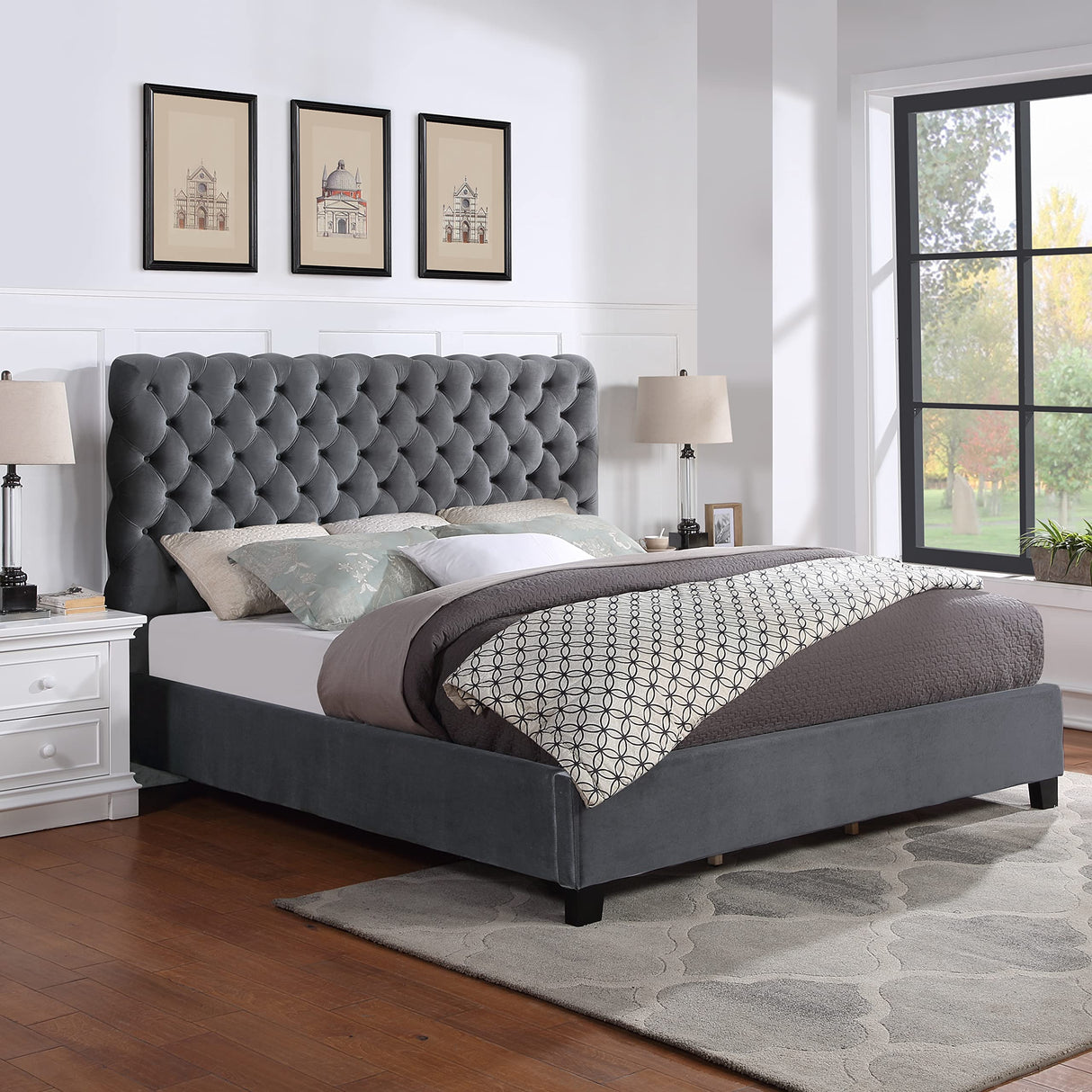 Apoera Velvet Upholstered Button Tufted Bed
