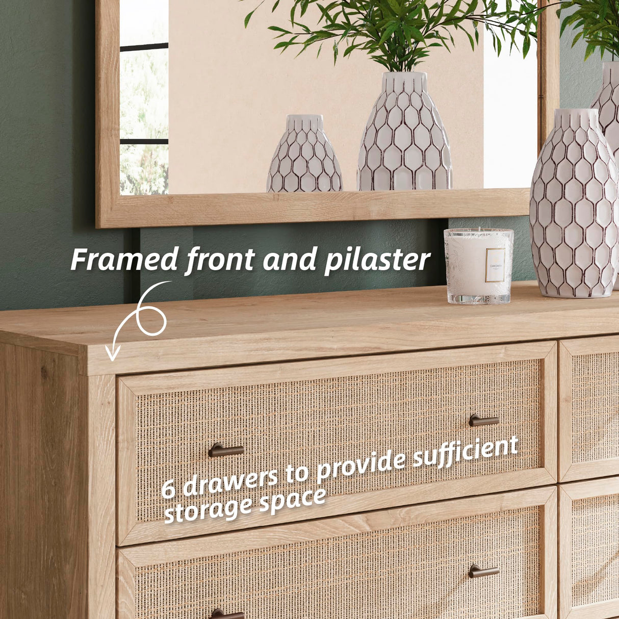 Signature Design by Ashley Cielden Coastal 6-Drawer Dresser with Safety Stop and Textured Cane Details, Light Brown
