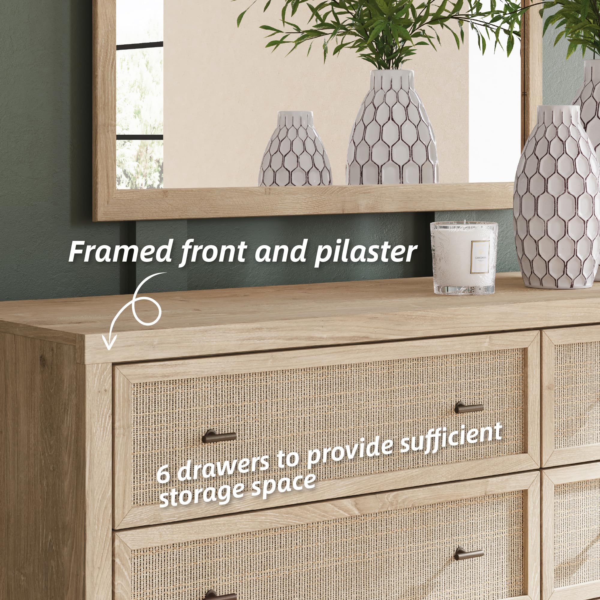 Signature Design by Ashley Cielden Coastal 6-Drawer Dresser with Safety Stop and Textured Cane Details, Light Brown