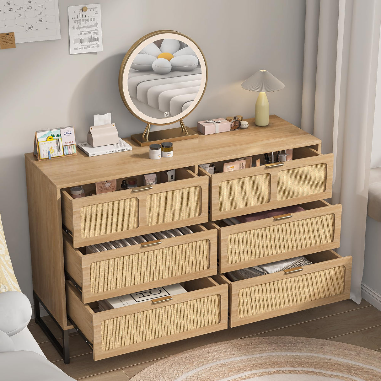 3 Piece Bedroom Set with 6 Drawer Dresser and Nightstand Sets Boho Bedroom